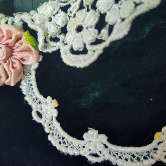 Gunne Saxe Velvet Puff Sleeve Dress Peter Pan Collar Dark Green Lace Trim - Picture 7 of 13